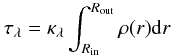 Mathematical equation: \begin{equation} \label{cagbmodel:tau} \tau_\lambda=\kappa_\lambda\int_{R_{\rm in}}^{R_{\rm out}}\rho(r) {\rm d}r \end{equation}