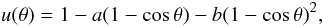 Mathematical equation: \begin{equation} u(\theta) = 1 - a(1-\cos\theta) - b(1-\cos\theta)^2, \label{eq:limb} \end{equation}