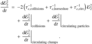 Mathematical equation: \begin{eqnarray} \label{equile}\frac{{\rm d}{\cal E}_2^2}{{\rm d}t}&=& -2 \left( \tau_{e,\mathrm{collisions}}^{-1} + \tau_{e,\mathrm{horseshoe}}^{-1} +\tau_{e,\mathrm{circ}}^{-1} \right) {\cal E}_2^2 \nonumber \\ &&+\left.\frac{{\rm d}{\cal E}_2^2}{{\rm d}t}\right|_{\mathrm{collisions}}\nonumber +\left.\frac{{\rm d}{\cal E}_2^2}{{\rm d}t}\right|_{\mathrm{circulating\;particles}}\\ &&+\left.\frac{{\rm d}{\cal E}_2^2}{{\rm d}t}\right|_{\mathrm{circulating\;clumps}}. \end{eqnarray}