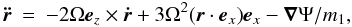 Mathematical equation: \begin{eqnarray} \label{eq:hills}\vec{\ddot{r}} &=& -2\Omega \vec{e}_z\times \vec{\dot{r}} + 3 \Omega^2 (\vec{r} \cdot \vec{e}_x) \vec{e}_x - \vec{\nabla} \Psi/m_1, \end{eqnarray}