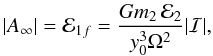 Mathematical equation: \appendix \setcounter{section}{1} \begin{eqnarray} \label{inducede}|A_{\infty}|={\cal E}_{1f} =\frac{Gm_2\,{\cal E}_2}{y_0^3\Omega^2}|\cal{I}|, \end{eqnarray}