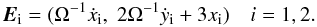 Mathematical equation: \begin{eqnarray} {{\vec E}}_{\rm i} = (\Omega^{-1}{\dot x}_{\rm i},\;2\Omega^{-1}\dot y_{\rm i}+3x_{\rm i} )\ \ \ \ i=1,2 \label{eq:defevec}. \end{eqnarray}