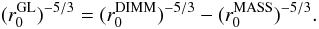 Mathematical equation: \begin{equation} \label{eq8} (r_{0}^{\rm GL})^{-5/3} = (r_{0}^{\rm DIMM})^{-5/3}- (r_{0}^{\rm MASS})^{-5/3} . \end{equation}