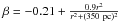 Mathematical equation: $\beta=-0.21+{0.9 r^2\over {r^2+(350~{\rm pc})^2}}$