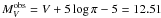Mathematical equation: $M_V^{\rm obs}=V+5\log \pi -5=12.51$