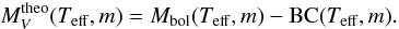 Mathematical equation: \begin{equation} \label{eq:MV} M_V^{\rm theo}(\Teff,m)=M_{\rm bol}(\Teff,m)-{\rm BC}(\Teff,m). \end{equation}