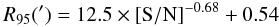 Mathematical equation: \begin{equation} \rm {\it R}_{95}(') = 12.5 \times [S/N]^{-0.68} + 0.54 \end{equation}