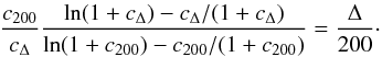 Mathematical equation: \appendix \setcounter{section}{1} \begin{equation} \frac{c_{200}}{c_{\Delta}} \frac{\ln (1+c_{\Delta}) - c_{\Delta}/(1+c_{\Delta}) } {\ln (1+c_{200})-c_{200}/(1+c_{200})} = \frac{\Delta}{200}\cdot \label{eqa:rdelta} \end{equation}