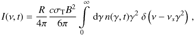 Mathematical equation: \begin{eqnarray} \label{intensityspec1} I(\nu,t)=\frac{R}{4\pi}\frac{c\sigma_{\rm T} B^2}{6\pi}\intl_{0}^{\infty}\td{\gamma}n(\gamma,t)\gamma^2\DELF{\nu-\nu_s\gamma^2} \, , \end{eqnarray}