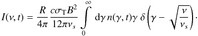 Mathematical equation: \begin{eqnarray} \label{intensityspec2} I(\nu,t)=\frac{R}{4\pi}\frac{c\sigma_{\rm T} B^2}{12\pi\nu_s}\intl_{0}^{\infty}\td{\gamma}n(\gamma,t)\gamma\DELF{\gamma-\sqrt{\frac{\nu}{\nu_s}}}\cdot \end{eqnarray}