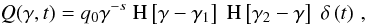 Mathematical equation: \begin{eqnarray} \label{injecteldis}Q(\gamma,t)=q_0\gamma^{-s}\HSF{\gamma-\gamma_1}\HSF{\gamma_2-\gamma}\DELF{t}\, , \end{eqnarray}