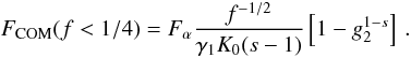 Mathematical equation: \begin{eqnarray} \label{fs3a01b1} \Fc(f<1/4)=\Fa\frac{f^{-1/2}}{\gamma_1K_0(s-1)} \left[ 1-g_2^{1-s} \right] \, . \end{eqnarray}