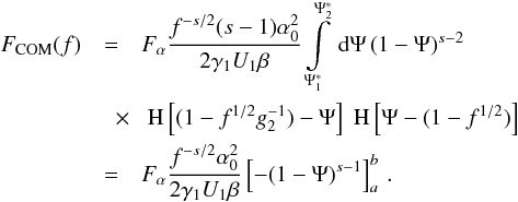 Mathematical equation: \begin{eqnarray} \label{f1s3a01b} \Fc(f)&=&\Fa \frac{f^{-s/2}(s-1)\alpha_0^2}{2\gamma_1U_1\beta}\intl_{\Psis_1}^{\Psis_2}\td{\Psi}(1-\Psi)^{s-2} \nonumber \\ &\quad \times& \HSF{(1-f^{1/2}g_2^{-1})-\Psi}\HSF{\Psi-(1-f^{1/2})} \nonumber \\ &=&\Fa \frac{f^{-s/2}\alpha_0^2}{2\gamma_1U_1\beta} \left[ -(1-\Psi)^{s-1} \right]_a^b \, . \end{eqnarray}