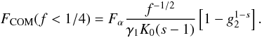 Mathematical equation: \begin{eqnarray} \Fc(f<1/4)=\Fa\frac{f^{-1/2}}{\gamma_1K_0(s-1)} \left[ 1-g_2^{1-s} \right]. \label{f1s3a01c1} \end{eqnarray}
