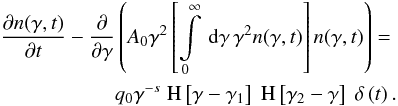 Mathematical equation: \appendix \setcounter{section}{1} \begin{eqnarray} \label{nleldispde1} \frac{\pd{n(\gamma,t)}}{\pd{t}} - \frac{\pd}{\pd{\gamma}}\left( A_0\gamma^2\left[\intl_{0}^{\infty}\td{\gamma}\gamma^2 n(\gamma,t)\right] n(\gamma,t) \right) = \nonumber \\ q_0\gamma^{-s}\HSF{\gamma-\gamma_1}\HSF{\gamma_2-\gamma}\DELF{t}. \end{eqnarray}