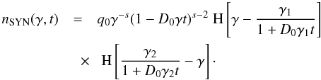 Mathematical equation: \begin{eqnarray} \label{lineldis}n_{\rm SYN}(\gamma,t)&=&q_0\gamma^{-s}(1-D_0\gamma t)^{s-2}\HSF{\gamma-\frac{\gamma_1}{1+D_0\gamma_1 t}} \nonumber \\ &\quad \times& \HSF{\frac{\gamma_2}{1+D_0\gamma_2 t}-\gamma} \cdot \end{eqnarray}