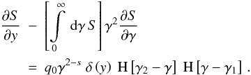 Mathematical equation: \appendix \setcounter{section}{1} \begin{eqnarray} \label{nleldispde2} \frac{\pd{S}}{\pd{y}}&-&\left[ \intl_0^{\infty}\td{\gamma}S \right]\gamma^2\frac{\pd{S}}{\pd{\gamma}} \nonumber \\ &=&q_0\gamma^{2-s} \DELF{y} \HSF{\gamma_2-\gamma}\HSF{\gamma-\gamma_1} \, . \end{eqnarray}