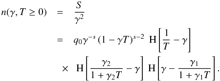 Mathematical equation: \appendix \setcounter{section}{1} \begin{eqnarray} \label{nleldis1} n(\gamma,T\geq 0)& =& \frac{S}{\gamma^2} \nonumber \\ &=& q_0 \gamma^{-s} \left( 1-\gamma T \right)^{s-2}\HSF{\frac{1}{T} -\gamma} \nonumber \\ &\quad \times& \HSF{\frac{\gamma_2}{1+\gamma_2 T} -\gamma}\HSF{\gamma- \frac{\gamma_1}{1+\gamma_1 T}}. \end{eqnarray}