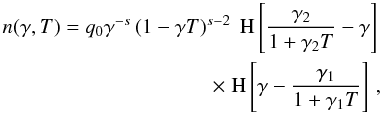 Mathematical equation: \appendix \setcounter{section}{1} \begin{eqnarray} \label{nleldisAPP} n(\gamma,T)=q_0\gamma^{-s}\left( 1-\gamma T \right)^{s-2}\HSF{\frac{\gamma_2}{1+\gamma_2 T} -\gamma} \nonumber \\ \times \HSF{\gamma- \frac{\gamma_1}{1+\gamma_1 T}}\, , \end{eqnarray}