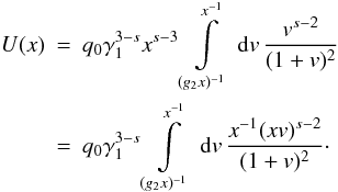 Mathematical equation: \appendix \setcounter{section}{2} \begin{eqnarray} \label{impltimecalc5} U(x) &=& q_0\gamma_{1}^{3-s}x^{s-3}\intl_{(g_2 x)^{-1}}^{x^{-1}}\td{v}\frac{v^{s-2}}{(1+v)^2} \nonumber \\ &=& q_0\gamma_1^{3-s}\intl_{(g_2 x)^{-1}}^{x^{-1}} \td{v} \frac{x^{-1}(xv)^{s-2}}{(1+v)^2}\cdot \end{eqnarray}