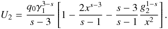Mathematical equation: \appendix \setcounter{section}{2} \begin{eqnarray} U_2 = \frac{q_0\gamma_1^{3-s}}{s-3}\left[ 1-\frac{2x^{s-3}}{s-1}-\frac{s-3}{s-1}\frac{g_2^{1-s}}{x^2} \right]. \label{impltimesolinte} \end{eqnarray}