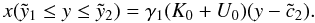 Mathematical equation: \appendix \setcounter{section}{4} \begin{eqnarray} x(\yc_1\leq y\leq\yc_2)=\gamma_1(K_0+U_0)(y-\cc_2). \label{xc1s3a} \end{eqnarray}
