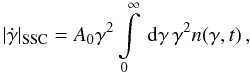 Mathematical equation: \begin{eqnarray} \label{ssccool} |\dot{\gamma}|_{\rm SSC}=A_0\gamma^2\intl_{0}^{\infty}\td{\gamma}\gamma^2n(\gamma,t) \, , \end{eqnarray}