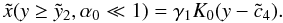 Mathematical equation: \appendix \setcounter{section}{4} \begin{eqnarray} \xc(y\geq\yc_2,\alpha_0\ll 1)=\gamma_1K_0(y-\cc_4). \label{xcs3a01} \end{eqnarray}