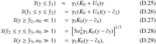 Mathematical equation: \appendix \setcounter{section}{4} \begin{eqnarray} \xc(y\leq\yc_1)&\approx& \gamma_1 (K_0+U_0) y \\ \xc(\yc_1\leq y\leq\yc_2) &\quad =& \gamma_1 (K_0+U_0) (y-\cc_2) \\ \xc(y\geq\yc_2,\alpha_0\ll 1) &\quad =& \gamma_l K_0 (y-\cc_4) \\ \xc(\yc_2\leq y\leq\yc_3,\alpha_0\gg 1) &\quad =& \left[ 3\alpha_0^2\gamma_1K_0(y-\cc_5) \right]^{1/3} \\ \xc(y\geq\yc_3,\alpha_0\gg 1) &\quad =& \gamma_1K_0(y-\cc_6), \end{eqnarray}
