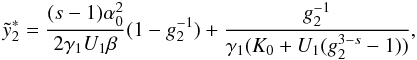 Mathematical equation: \appendix \setcounter{section}{4} \begin{eqnarray} \ys_2 = \frac{(s-1)\alpha_0^2}{2\gamma_1U_1\beta}(1-g_2^{-1})+\frac{g_2^{-1}}{\gamma_1(K_0+U_1(g_2^{3-s}-1))}, \label{xcys2} \end{eqnarray}