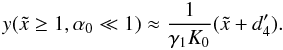 Mathematical equation: \appendix \setcounter{section}{4} \begin{eqnarray} y(\xc\geq 1,\alpha_0\ll 1) \approx \frac{1}{\gamma_1K_0}(\xc+d_4'). \label{y1sa01} \end{eqnarray}