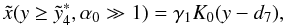 Mathematical equation: \appendix \setcounter{section}{4} \begin{eqnarray} \xc(y\geq\ys_4,\alpha_0\gg 1)=\gamma_1K_0(y-d_7), \label{xc1sa10} \end{eqnarray}