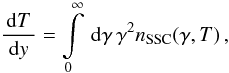 Mathematical equation: \begin{eqnarray} \label{impltimevariab} \frac{\td{T}}{\td{y}}=\intl_{0}^{\infty}\td{\gamma}\gamma^{2}n_{\rm SSC}(\gamma,T)\, , \end{eqnarray}