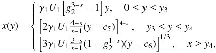 Mathematical equation: \begin{eqnarray} \label{timevabsol2} x(y) = \left\{ \begin{array}{ll} \gamma_1 U_1 \left[ g_2^{3-s}-1 \right]y, \quad 0\leq y\leq y_3 \\ \left[ 2\gamma_1 U_1 \frac{4-s}{s-1}(y-c_5) \right]^{\frac{1}{4-s}},\quad y_3\leq y\leq y_4 \\ \left[ 3\gamma_1 U_1 \frac{3-s}{s-1}(1-g_2^{1-s})(y-c_6) \right]^{1/3} , \quad x\geq y_4, \end{array} \right. \end{eqnarray}