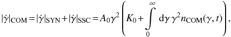 Mathematical equation: \begin{eqnarray} \label{comcool} |\dot{\gamma}|_{\rm COM}\!=\! |\dot{\gamma}|_{\rm SYN}\!+\!|\dot{\gamma}|_{\rm SSC} \!=\!A_0\gamma^2\left( K_0\!+\!\intl_0^{\infty}\td{\gamma}\gamma^2 n_{\rm COM}(\gamma,t) \right), \end{eqnarray}