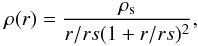 Mathematical equation: \begin{equation} \rho(r) = \frac{\rho_{\rm s}}{r/rs(1+r/rs)^{2}}, \end{equation}