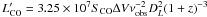 Mathematical equation: $L'_{\rm CO}=3.25\times10^7S_{\rm CO}\Delta V \nu_{\rm obs}^{-2}D_L^2(1+z)^{-3}$