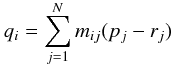 Mathematical equation: \begin{equation} % \label{eq:pix2intpix}q_i = \sum_{j=1}^{N} m_{ij} (p_j - r_j) \end{equation}