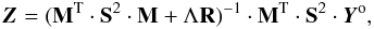 Mathematical equation: \begin{equation} \vec{Z} = (\mathbf{M}^{\rm T} \cdot \mathbf{S}^2 \cdot \mathbf{M} + \Lambda \mathbf{R})^{-1} \cdot \mathbf{M}^{\rm T} \cdot \mathbf{S}^2 \cdot \vec{Y}^{\rm o}, \label{eq:rlsd} \end{equation}