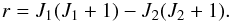 Mathematical equation: \begin{equation} r = J_1 (J_1 + 1) - J_2 (J_2 + 1). \end{equation}