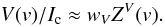 Mathematical equation: \begin{equation} V(v)/I_{\rm c} \approx w_V Z^V(v). \label{vsim} \end{equation}