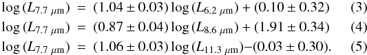 Mathematical equation: \begin{eqnarray} \label{eq3}\rm{log}\,({\it L}_{\rm 7.7~\mu m}) & = & (1.04 \pm 0.03)\,\rm{log}\,({\it L}_{\rm 6.2~\mu m}) + (0.10 \pm 0.32) \\ \label{eq3b}\rm{log}\,({\it L}_{\rm 7.7~\mu m}) & = & (0.87 \pm 0.04)\,\rm{log}\,({\it L}_{\rm 8.6~\mu m}) + (1.91 \pm 0.34) \\ \label{eq4}\rm{log}\,({\it L}_{\rm 7.7~\mu m}) & = & (1.06 \pm 0.03)\,\rm{log}\,({\it L}_{\rm 11.3~\mu m}){-}(0.03 \pm 0.30). \end{eqnarray}