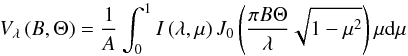 Mathematical equation: \begin{equation} \label{hankel} V_{\lambda}\left(B,\Theta\right)=\frac{1}{A}\int^1_0I\left(\lambda,\mu\right)J_0\left(\frac{\pi B\Theta}{\lambda}\sqrt{1-\mu^2}\right)\mu {\rm d}\mu \end{equation}