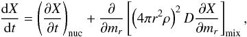 Mathematical equation: \begin{equation} \label{diffusion} \frac{{\rm d}X}{{\rm d}t} = \left(\frac{\partial X}{\partial t}\right)_{\rm nuc} + \frac{\partial}{\partial m_r}\left[\left(4\pi r^2 \rho\right)^2 D \frac{\partial X}{\partial m_r} \right]_{\rm mix}, \end{equation}