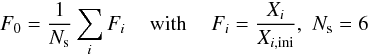 Mathematical equation: $$ F_0=\frac{1}{N_{\rm s}}\sum_{i}F_i \,\,\,\,\,\,\, {\rm with} \,\,\,\,\,\,\, F_i=\frac{X_i}{X_{i,{\rm ini}}}, \,\,N_{\rm s}=6 $$