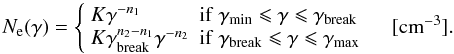 Mathematical equation: \begin{equation} N_{\rm e}(\gamma)= \left\{ \begin{array}{ll} K \gamma^{-n_1} & {\rm if }~\gamma_{\rm min} \leqslant \gamma \leqslant \gamma_{\rm break} \\ K \gamma_{\rm break}^{n_2-n_1} \gamma^{-n_2} & {\rm if }~\gamma_{\rm break} \leqslant \gamma \leqslant \gamma_{\rm max} \end{array}\right. \quad [{\rm cm}^{-3}]. \label{eq-EED} \end{equation}