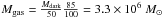 Mathematical equation: \hbox{$M_{\rm{gas}} = \frac{{M_{\rm{dark}} }}{{50}}\frac{{85}}{{100}} = 3.3 \times 10^6~M_ \odot $}