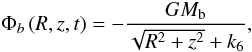 Mathematical equation: \begin{equation} \label{an3} \Phi _b \left( {R,z,t} \right) = - \frac{{GM_{\rm{b}} }}{{\sqrt {R^2 + z^2 } + k_6 }}, \end{equation}