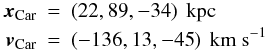 Mathematical equation: \begin{eqnarray} {\bm{x}}_{\rm{Car}} &=& \left( {22,89, - 34} \right)~\rm{kpc} \nonumber\\ {\bm{v}}_{\rm{Car}} &=& \left( { - 136,13, - 45} \right) ~\rm{km~s^{ - 1}} \end{eqnarray}