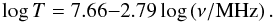 Mathematical equation: \appendix \setcounter{section}{1} \begin{equation} \log T=7.66{-}2.79 \log\left(\nu/\rm {MHz}\right). \label{fitENTS} \end{equation}